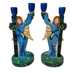Pier 1 Wood Folk Art Scandinavian Feel Candle Holders Angel Vintage 70s 80s